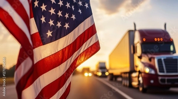 Obraz American Flag in Foreground with Truck Driving on Highway at Sunset