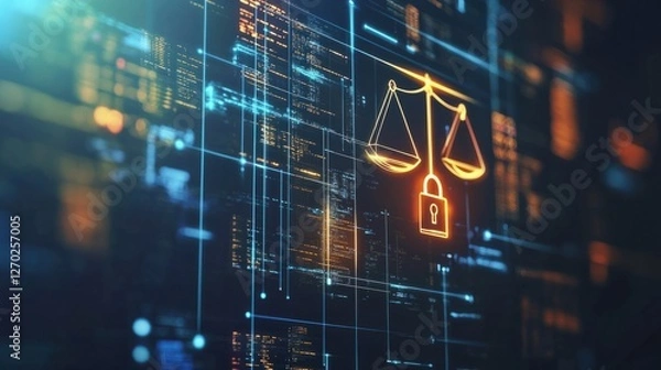 Fototapeta Digital Scales of Justice with Padlock on Futuristic Data Background
