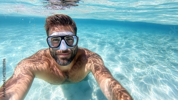Fototapeta Snorkeler enjoying clear ocean water with vibrant reflections