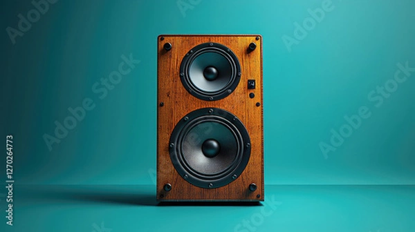 Fototapeta Vintage wooden stereo speaker with two drivers against a teal background.