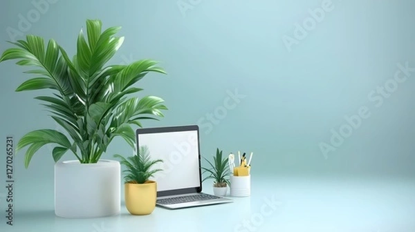 Obraz Home office setup with laptop and plants creating a serene and productive workspace scene