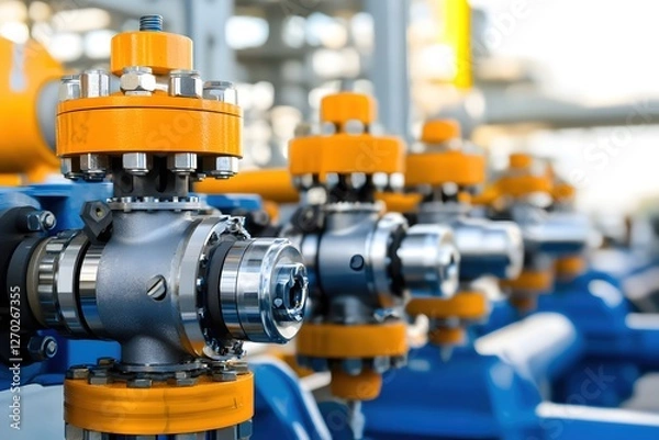 Fototapeta Industrial Valves and Pipes in a Row with Orange and Blue Colors in a Factory Setting