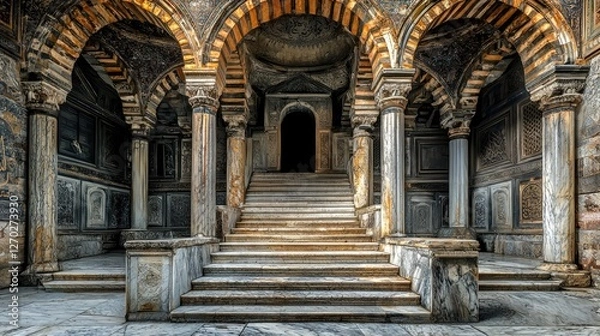 Fototapeta Intricate architectural interior featuring grand staircase and ornate columns in historic setting