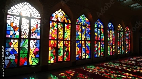 Fototapeta Vibrant stained glass windows illuminating a serene interior space with colorful reflections