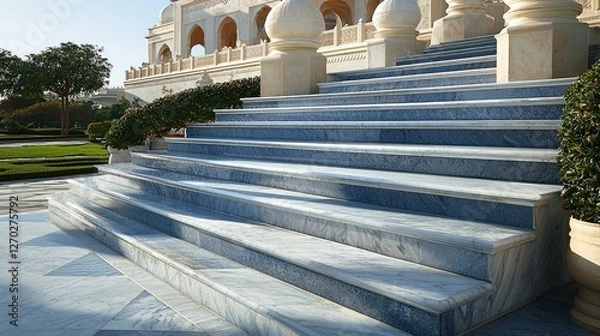 Fototapeta Elegant marble steps leading to a grand architectural structure surrounded by lush greenery