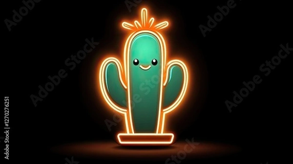 Obraz Cute neon cactus character with a smiling face glowing against a dark background, ideal for playful designs