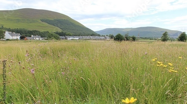 Obraz Lush green meadow with wildflowers in foreground, scenic hills and quaint village in background
