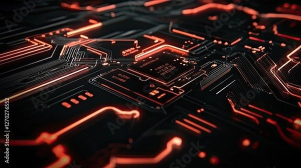 Fototapeta Abstract close-up of a futuristic circuit board with glowing red lines and intricate patterns