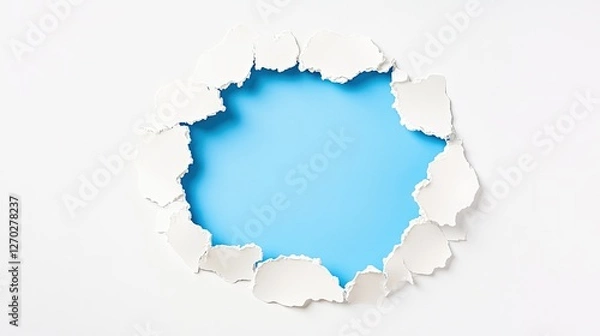Obraz Torn paper hole revealing bright blue background, showcasing creative design potential for various uses