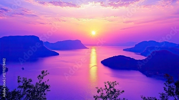 Obraz Serene sunset over tranquil lake surrounded by mountains and vibrant sky reflecting colors