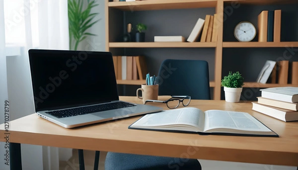 Fototapeta Home workspace with a desk, books, and laptop, creating a cozy interior. Perfect for remote work, distance learning, or online study. A modern and productive environment with a warm and focused ambian