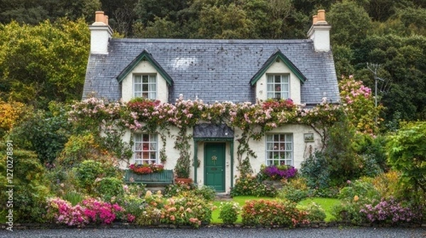 Obraz Charming cottage surrounded by vibrant flowers and lush greenery in a serene garden setting