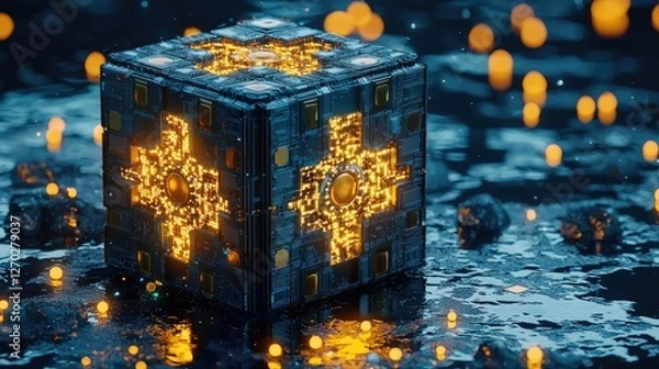 Obraz Futuristic glowing cube on a reflective surface with luminous particles in a dark environment