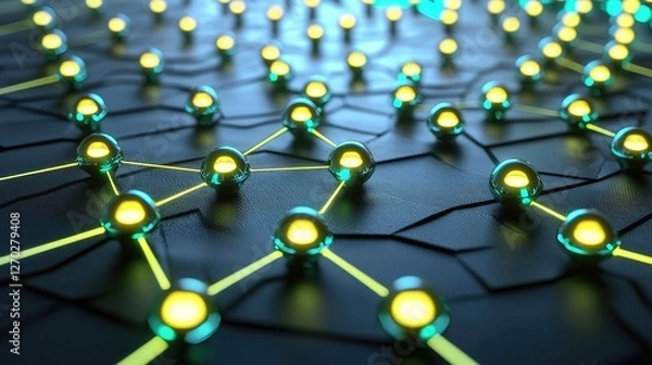 Fototapeta Abstract representation of interconnected nodes on a dark surface with glowing highlights