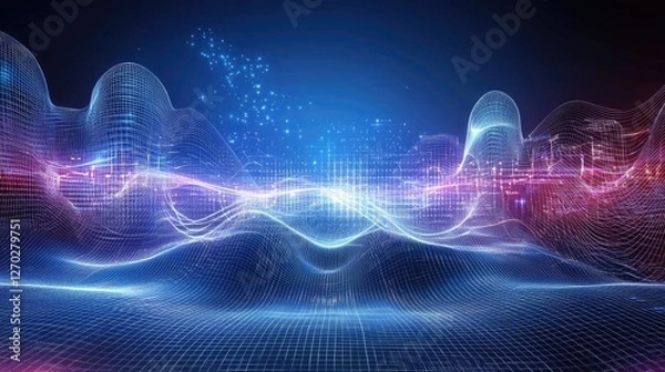 Obraz Abstract digital landscape showcasing vibrant waves of light and data in a futuristic setting