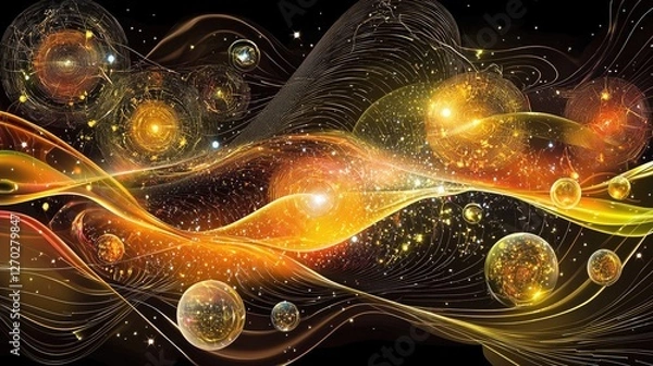 Obraz Abstract cosmic scene with swirling lights and colorful orbs representing the universe's beauty