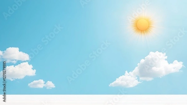 Obraz Bright blue sky with fluffy white clouds and a radiant sun shining over a serene landscape
