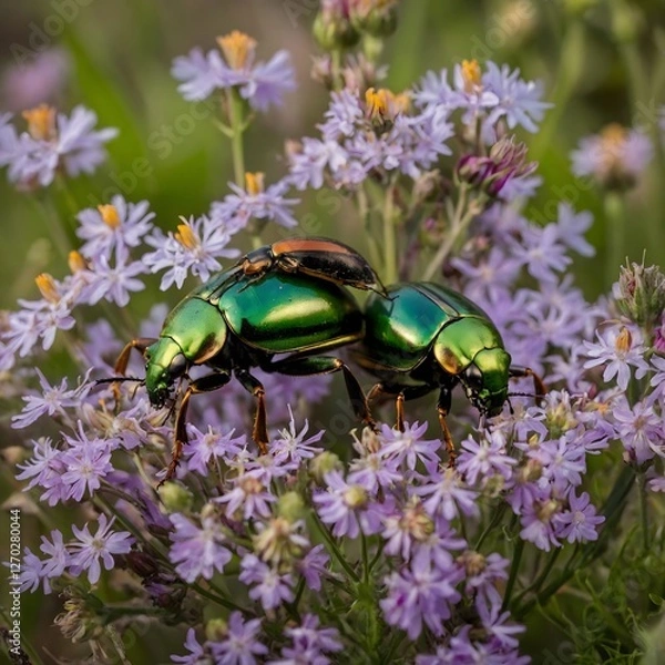 Obraz Romance in the Meadow: Elaphrus Viridis Beetles Amidst Wildflowers