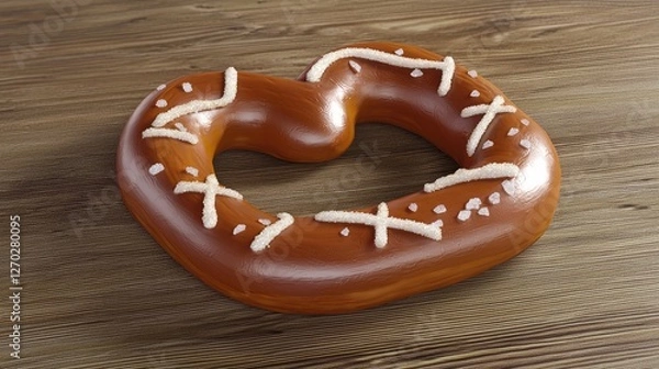 Obraz Close-up of a freshly baked, glossy pretzel with salt crystals on a wooden surface