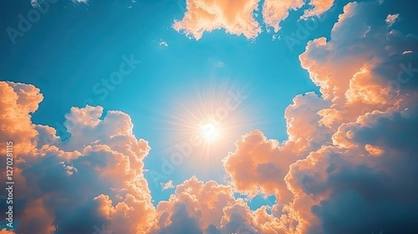 Obraz Bright sun shining through fluffy clouds in a clear blue sky, creating a serene atmosphere