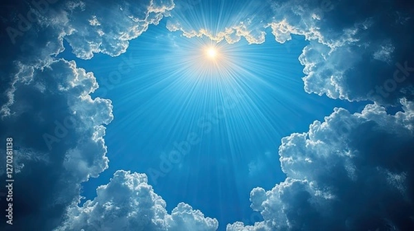Obraz Bright sun rays shining through fluffy clouds in a clear blue sky, evoking tranquility and peace