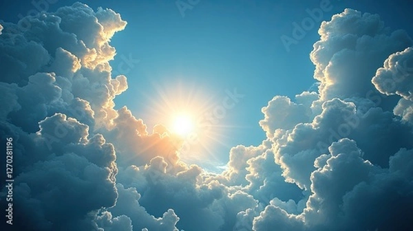 Obraz Bright sun emerging from fluffy clouds in a serene sky, symbolizing hope and tranquility