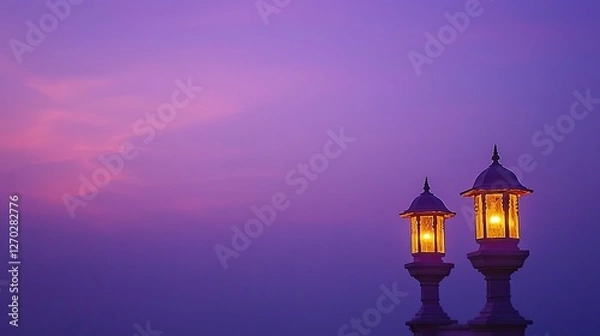 Fototapeta Two elegant lanterns glowing against a vibrant purple sunset sky, creating a serene atmosphere