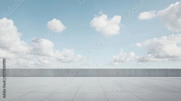 Fototapeta A sleek car plaza with a skyline under scattered white clouds at midday. Featuring clean, balanced lighting