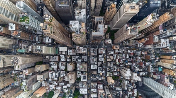 Obraz Aerial View of Manhattan's Dense Urban Landscape: A Bird's-Eye Perspective of Skyscrapers and City Streets