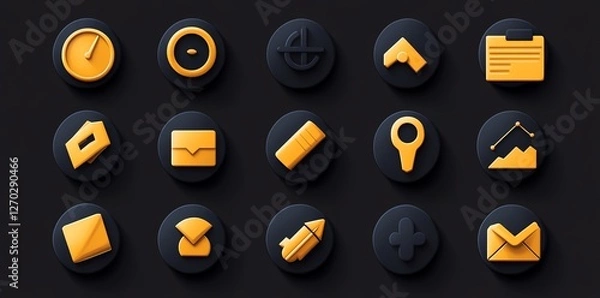 Fototapeta Golden UI Icons: A Dark, Sleek Neumorphic Design Collection