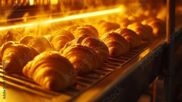 Fototapeta Discover the Art of Baking: Close-Up of a Modern Industrial Bakery Conveyor Belt with Golden Croissants and Rolls Under Warm Lighting for a Freshly Baked Ambience
