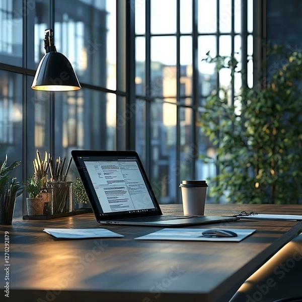 Obraz A modern workspace featuring a laptop, documents, and a coffee cup. The setting is illuminated with warm light, giving a productive and inviting atmosphere.