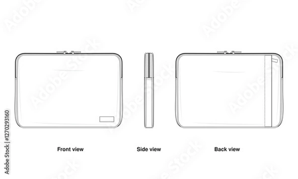 Fototapeta Basic laptop Sleeve Technical Fashion Illustration. Minimalist Zippered tablet Pouch Vector Template. Front, side, and back View. Back Pocket Organizer for Tech Accessories. CAD Mockup Set.