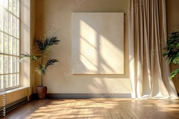 Fototapeta Bright and Airy Interior Space with Empty Canvas, Large Window, Potted Plant, and Soft Drapes Evoking Calmness and Creativity in Home Environment