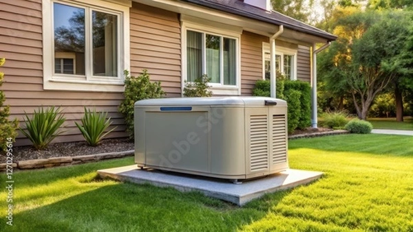 Fototapeta A reliable home standby generator sits quietly in the backyard of a house