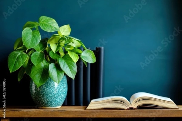 Fototapeta Close-Up View of Open Book Beside Green Leafy Plant in Decorative Pot on Wooden Table With Black Books in Background