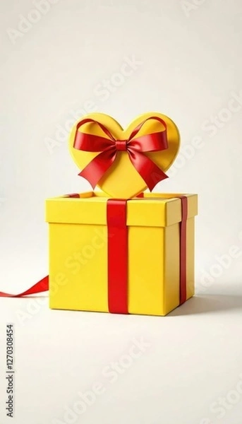 Obraz A beautifully designed yellow gift box with a heart-shaped lid and tied with a matching red ribbon, heart shaped, yellow gift box, Valentine's Day gift
