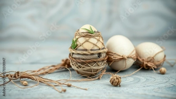 Obraz A beautifully decorated Easter egg made from natural materials such as wood and woven fibers, handmade eggs, nature inspired