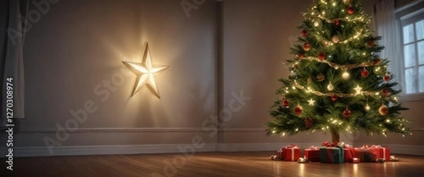 Obraz A beautifully decorated Christmas tree with a shining star atop, pine, wooden