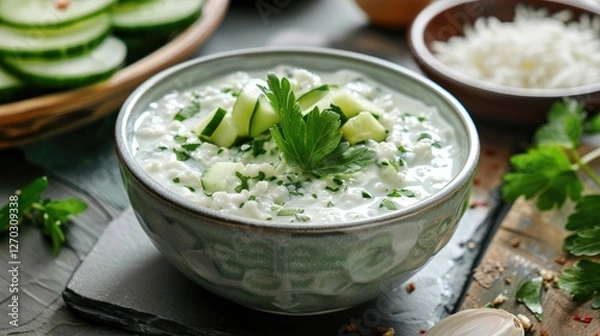 Fototapeta Refreshing Cucumber Yogurt Salad with Herbs and Spices