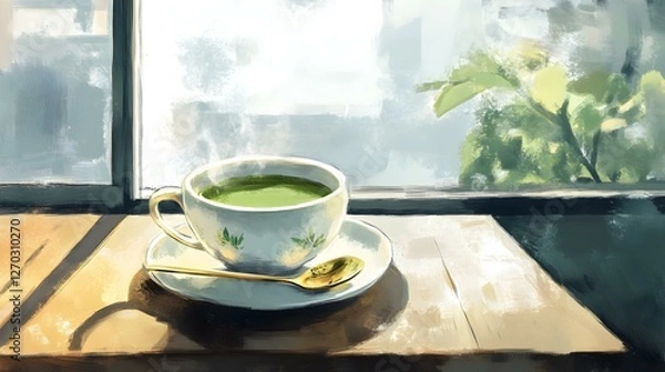 Fototapeta a steaming cup of matcha tea sits on a wooden windowsill, bathed in warm sunlight. The scene evokes a feeling of tranquility and serenity