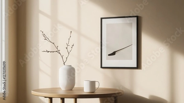 Fototapeta Cozy Elegance: A modern interior with soft, warm hues of peach and beige. 