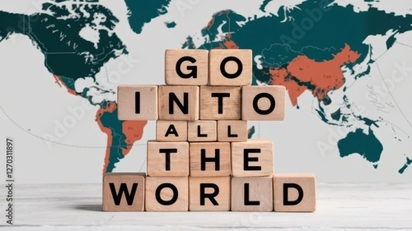 Fototapeta Wooden blocks spell go into all the world message