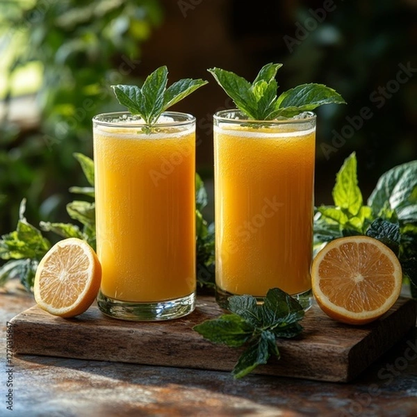 Fototapeta Fresh Cold Pressed Juice with Mint and Citrus on Wooden Table