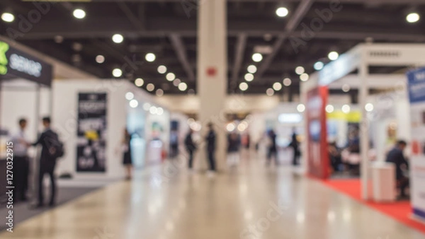 Fototapeta A blurred, out-of-focus backdrop of a public exhibition space. This setting could represent a business tradeshow, job fair, or stock market event. It encompasses organizational or corporate gatherings
