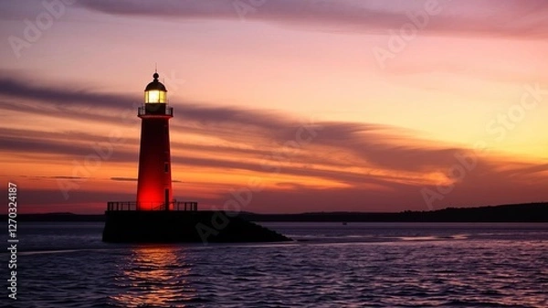 Obraz Red and white lighthouse in water with sunset backdrop, twilight, maritime, sunset