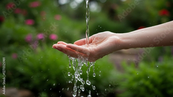 Fototapeta A detailed view of water cascading onto a woman's hand, representing the essence of nature set in a garden environment
