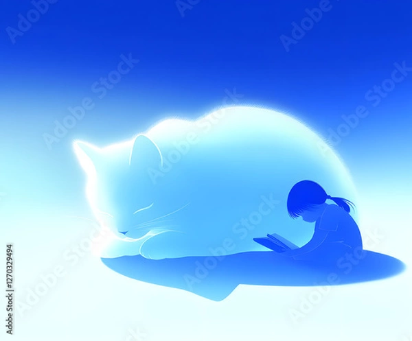 Fototapeta Dreamy Cat and Child Illustration for Magical Stories