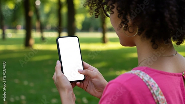 Fototapeta A woman engaged with her smartphone. The phone's screen is blank, ideal for creating graphic displays for networking service presentations