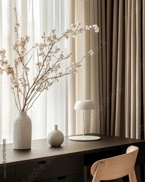 Fototapeta Elegant Office Decor: A Vase of Flowers on a Table Next to a Chair in a Modern Corporate Workspace